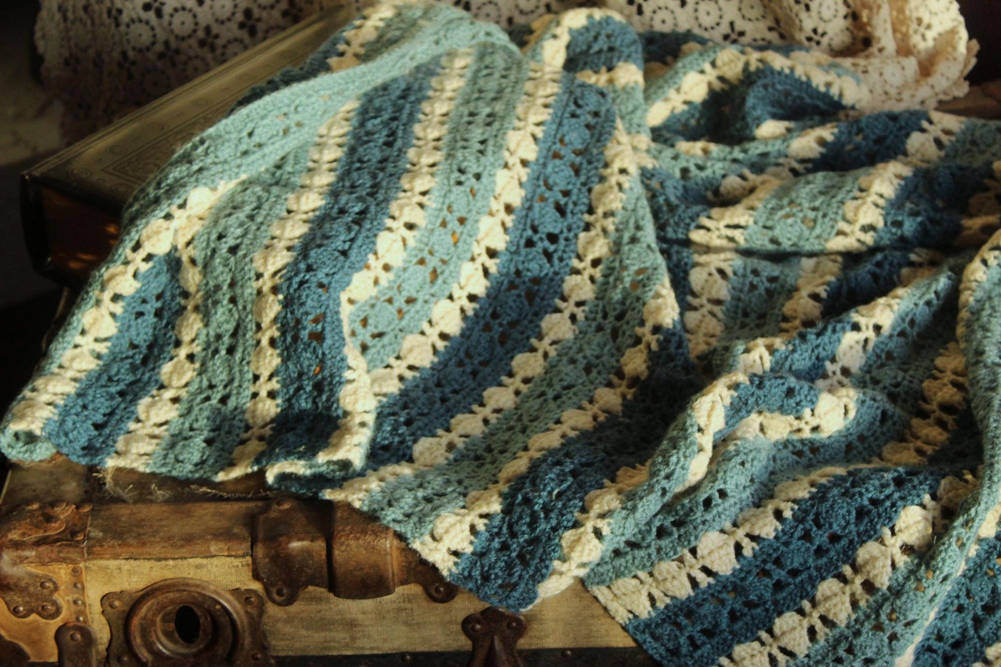 Vintage 1960s Blue and White Striped Crochet Afghan