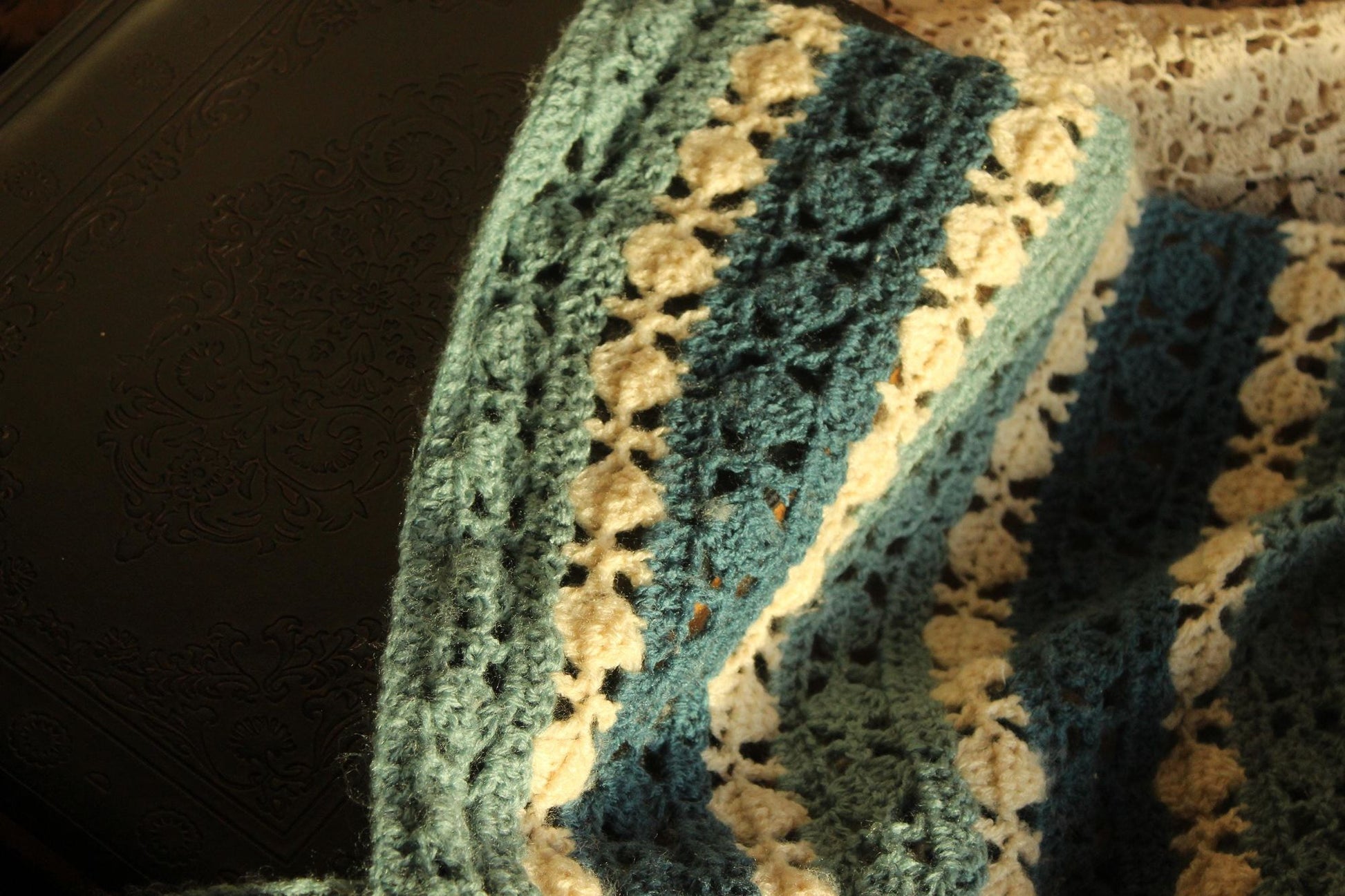 Vintage 1960s Blue and White Striped Crochet Afghan