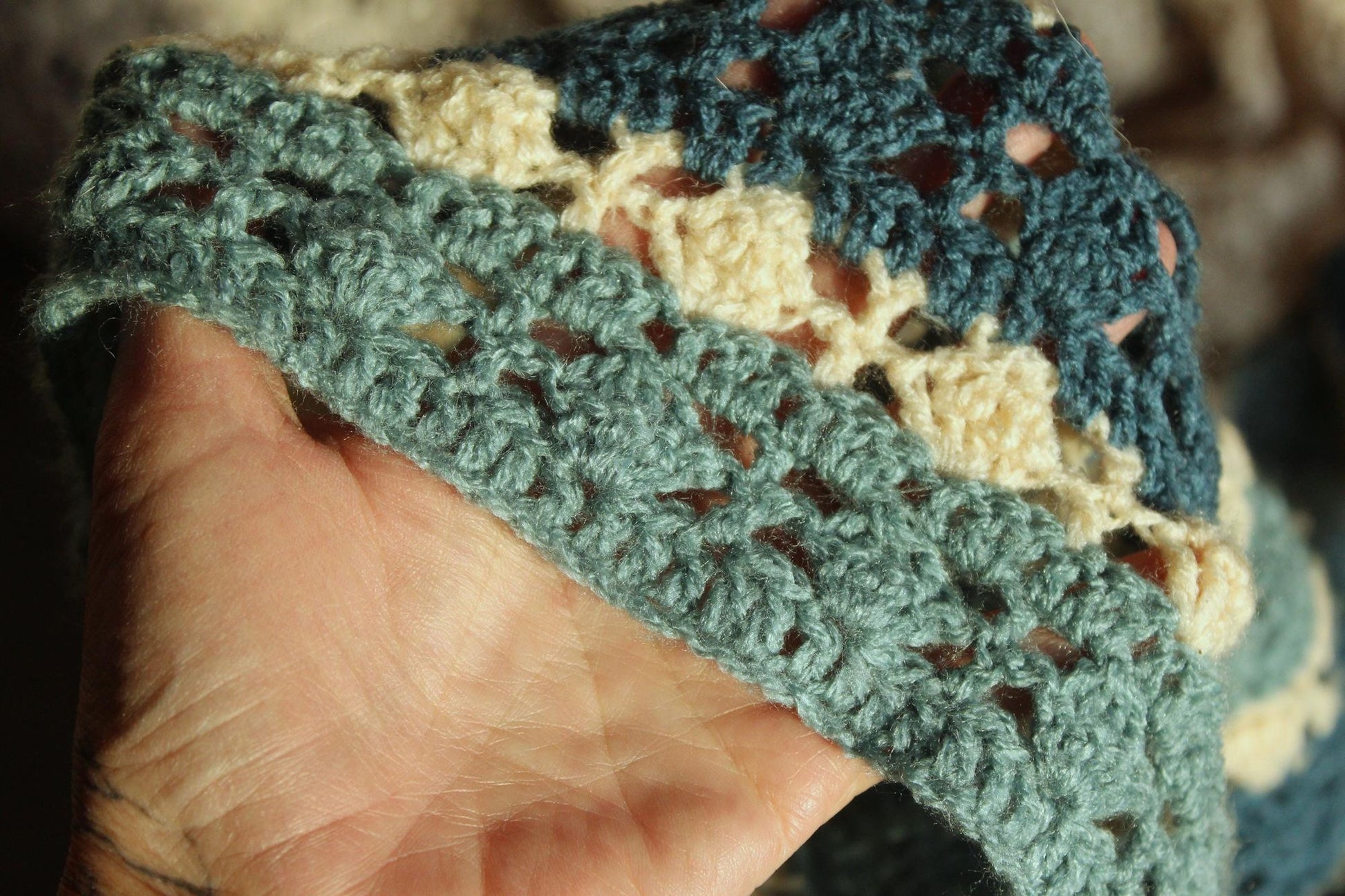 Vintage 1960s Blue and White Striped Crochet Afghan