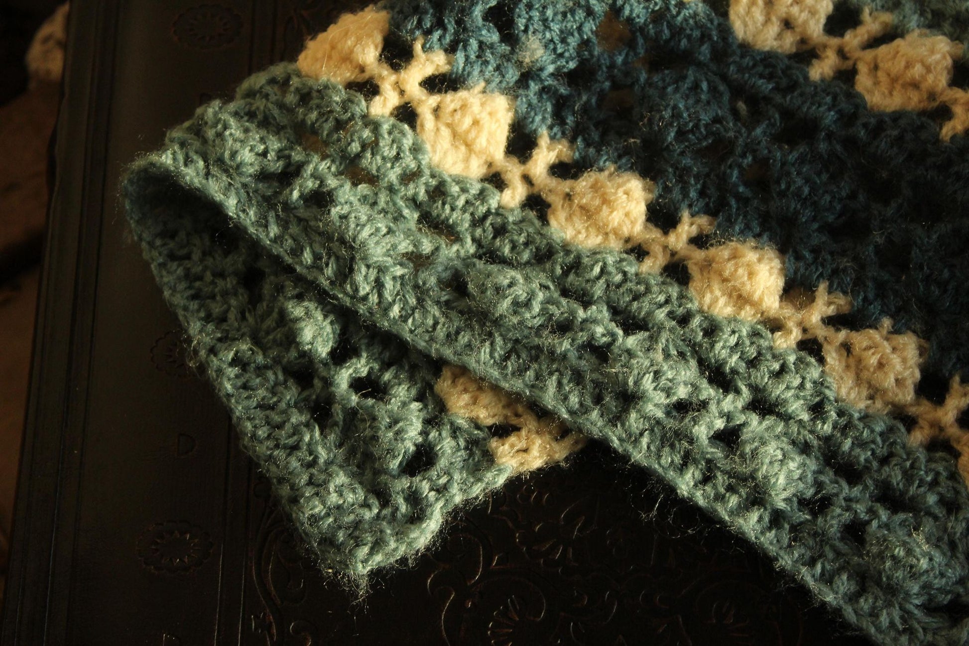 Vintage 1960s Blue and White Striped Crochet Afghan