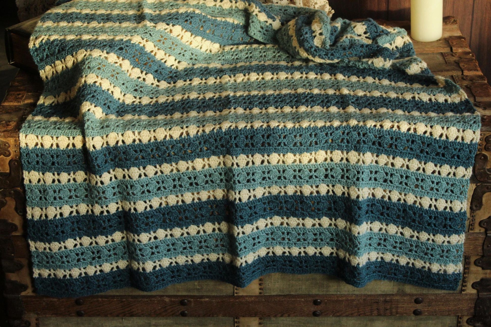 Vintage 1960s Blue and White Striped Crochet Afghan