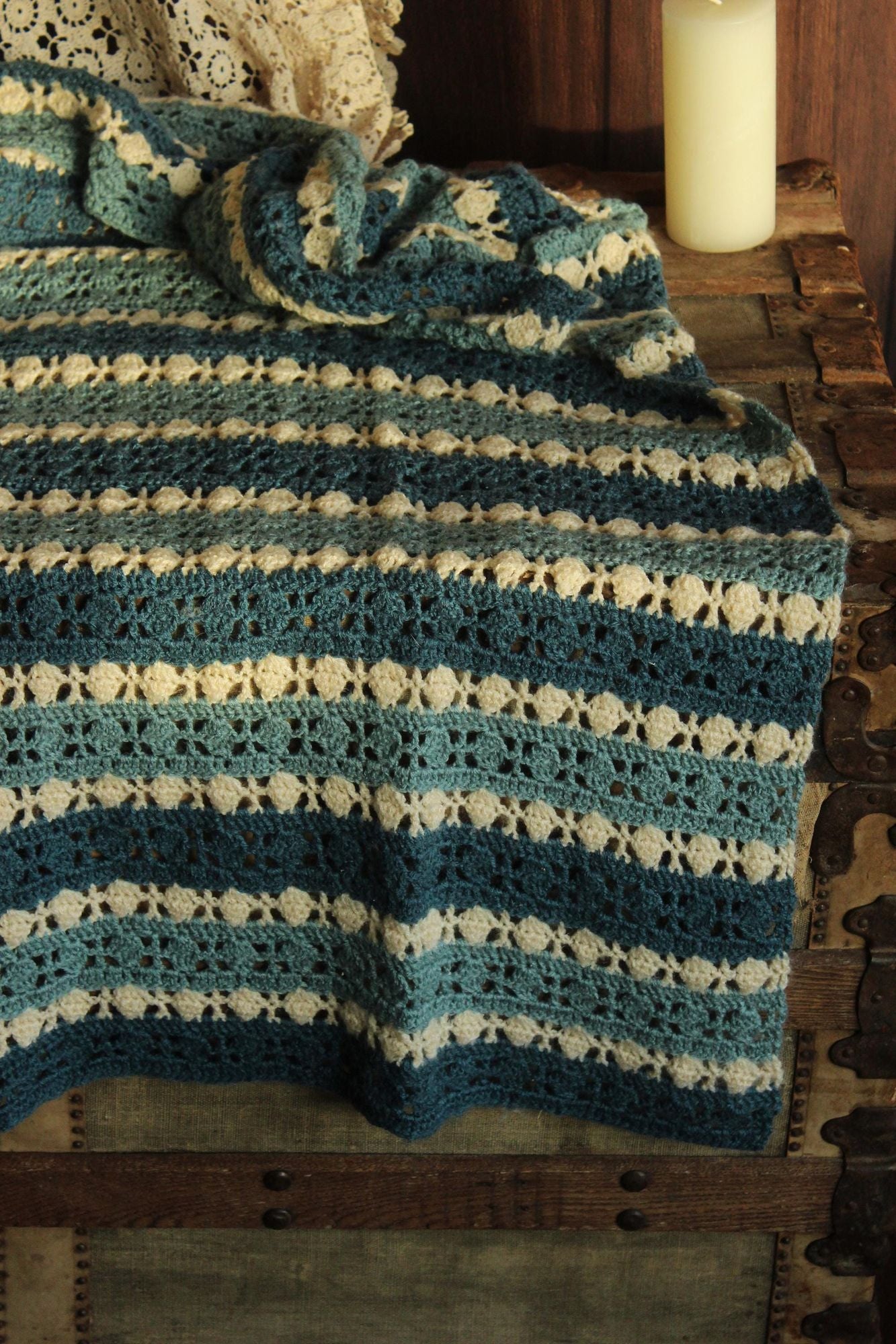 Vintage 1960s Blue and White Striped Crochet Afghan