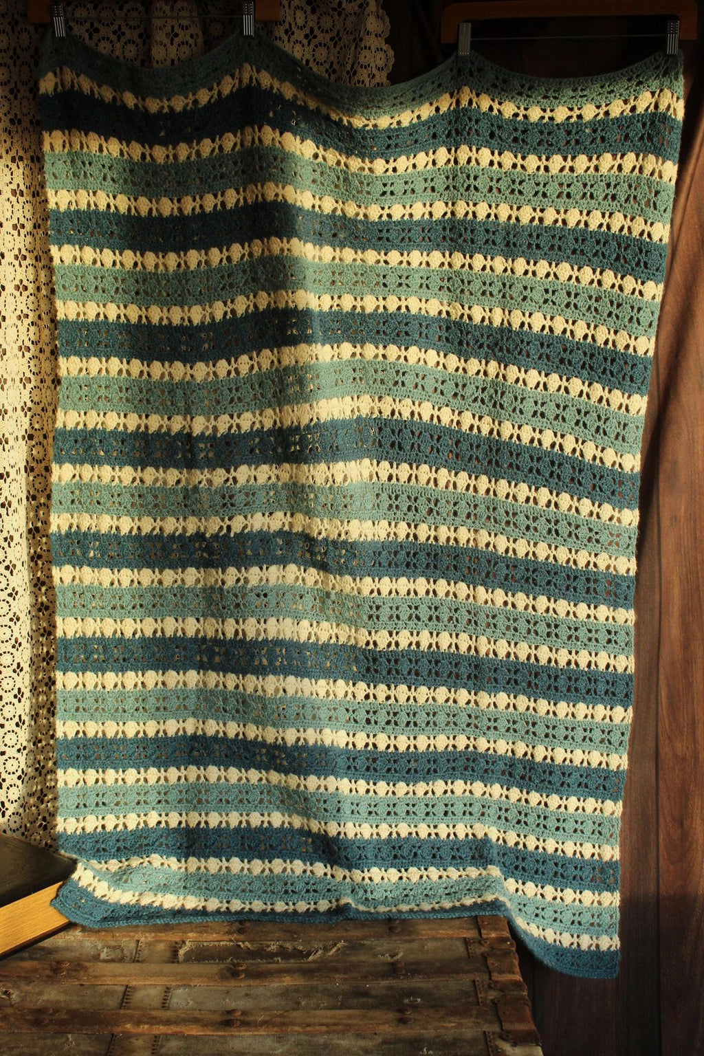 Vintage 1960s Blue and White Striped Crochet Afghan