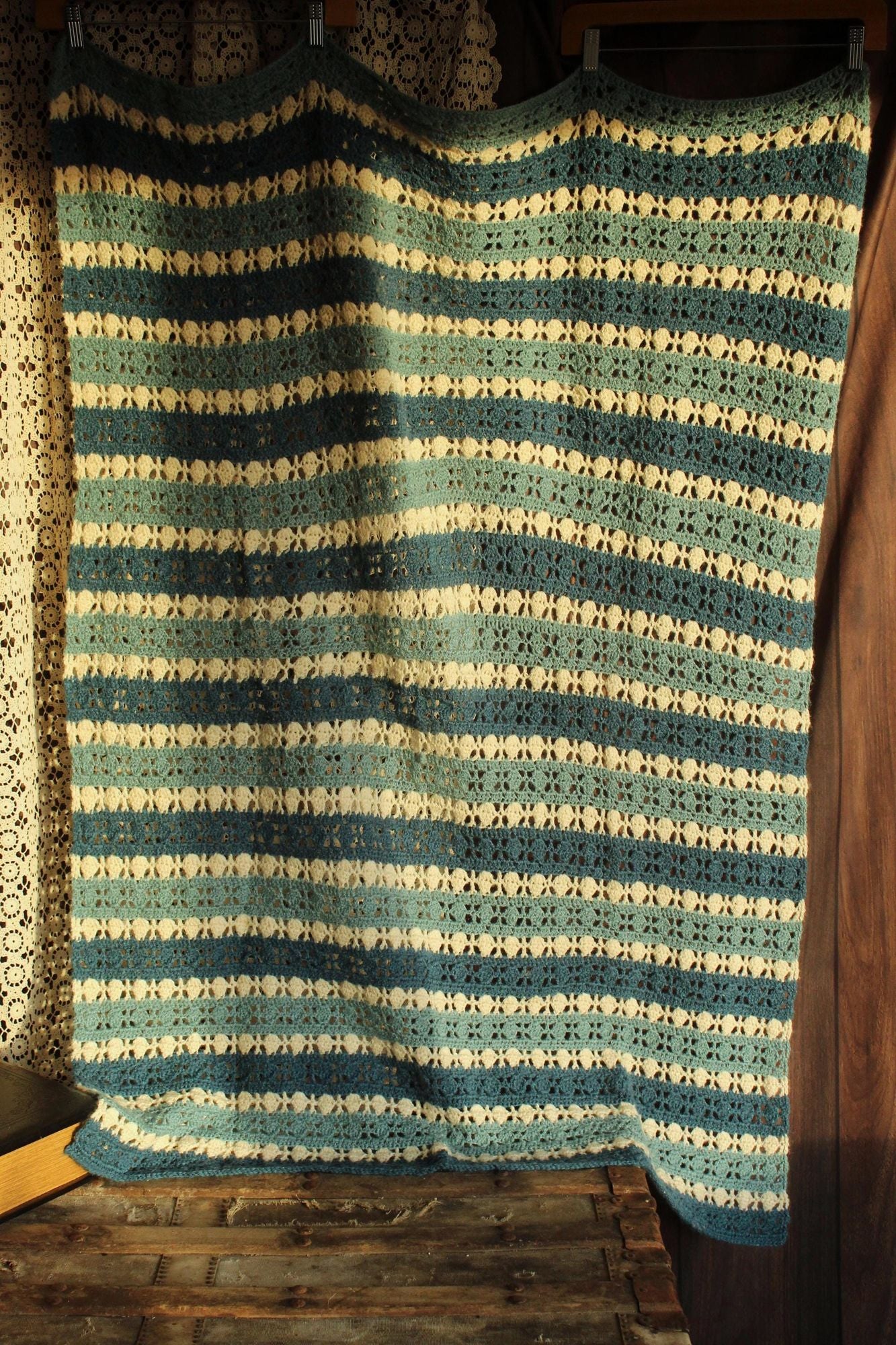 Vintage 1960s Blue and White Striped Crochet Afghan