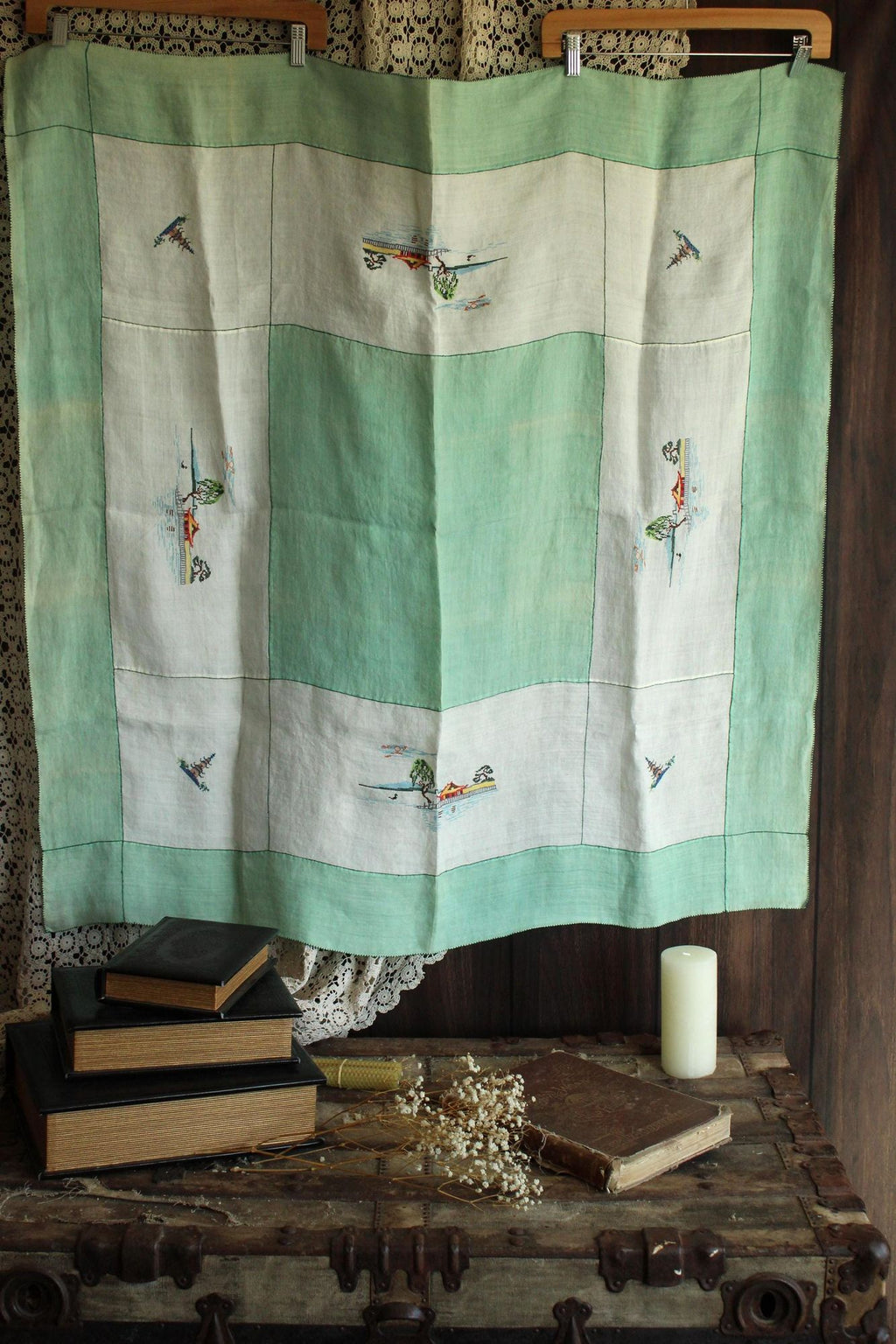 Vintage 1930s Asian Pagoda Embroidered Linen Tablecloth