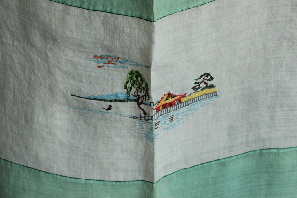 Vintage 1930s Asian Pagoda Embroidered Linen Tablecloth