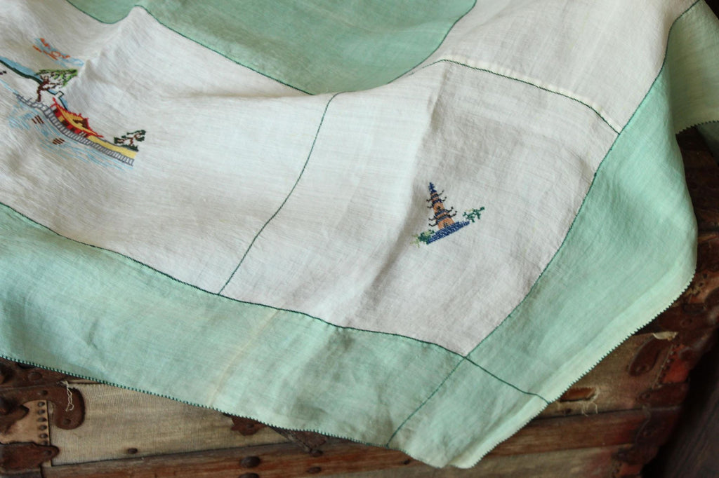 Vintage 1930s Asian Pagoda Embroidered Linen Tablecloth