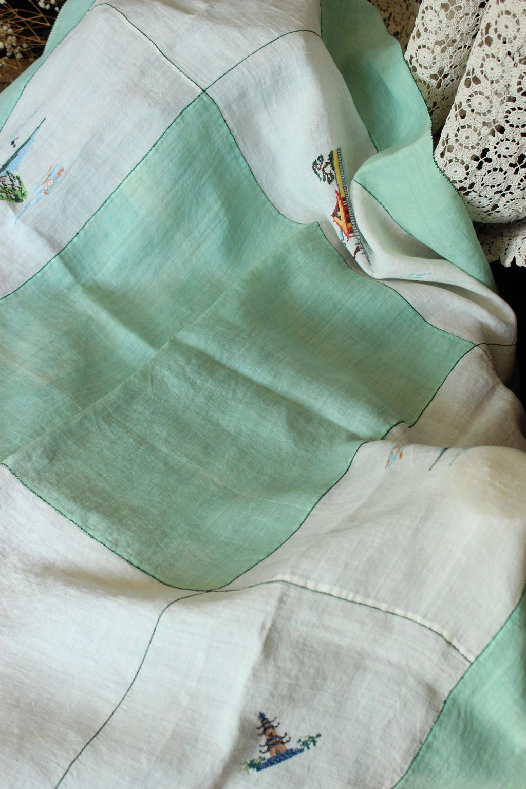 Vintage 1930s Asian Pagoda Embroidered Linen Tablecloth