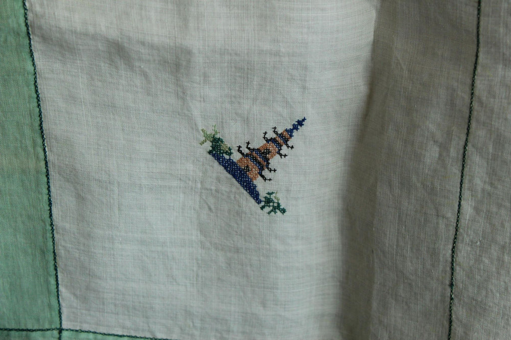 Vintage 1930s Asian Pagoda Embroidered Linen Tablecloth