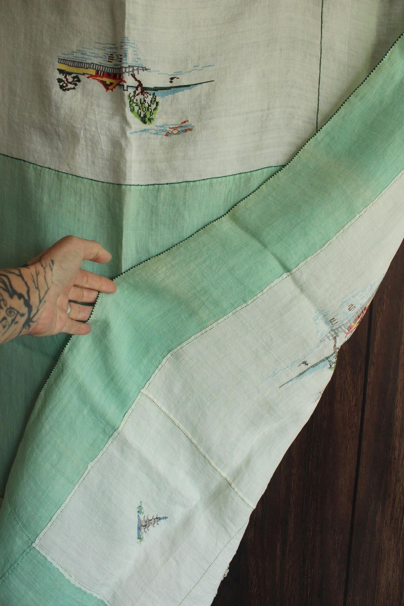Vintage 1930s Asian Pagoda Embroidered Linen Tablecloth