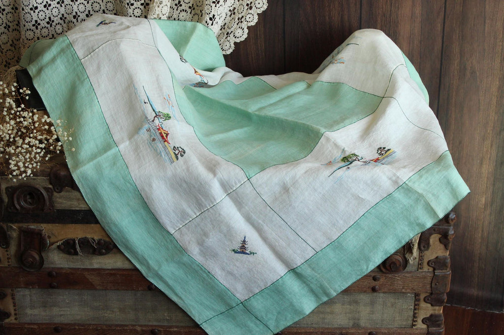 Vintage 1930s Asian Pagoda Embroidered Linen Tablecloth