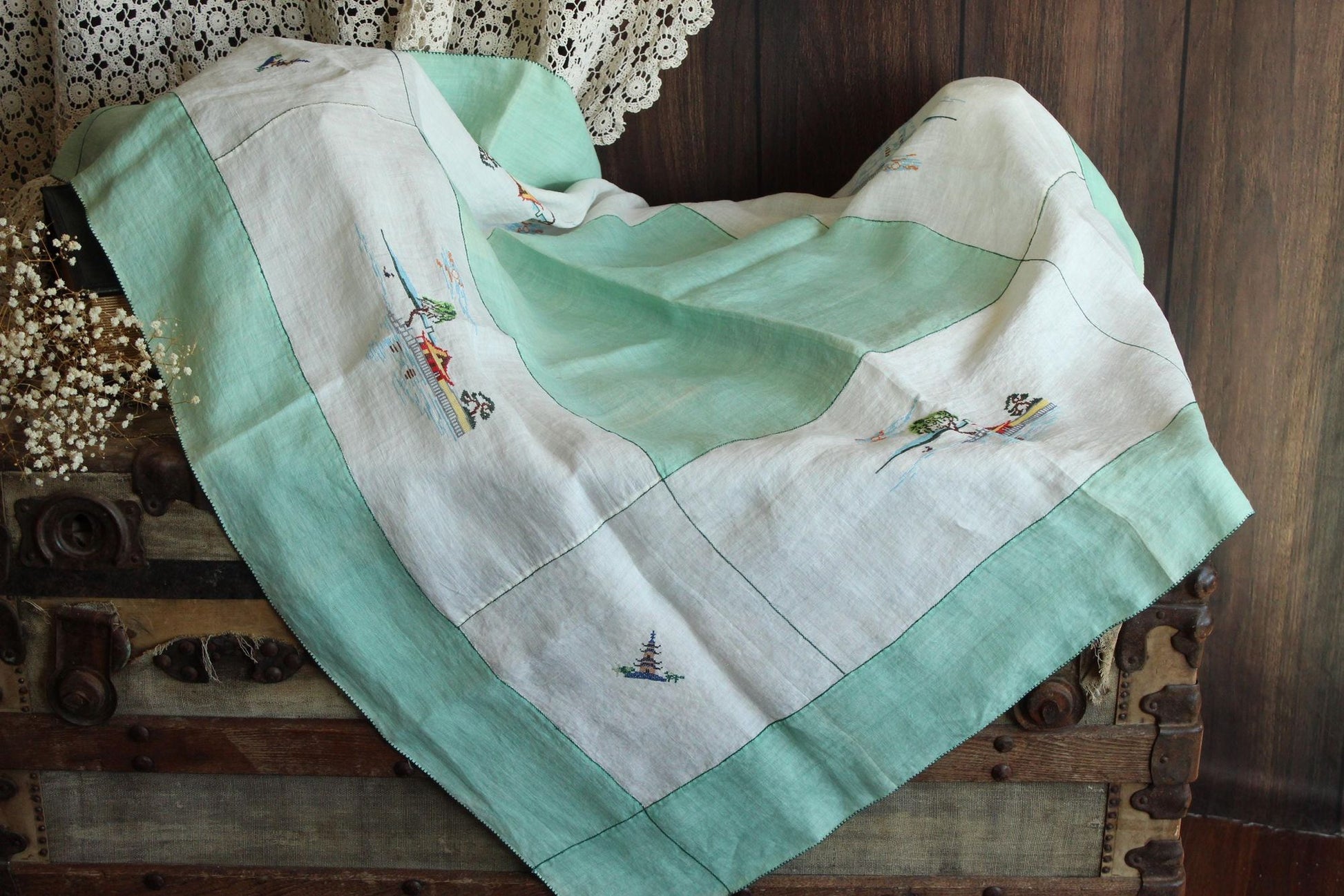 Vintage 1930s Asian Pagoda Embroidered Linen Tablecloth