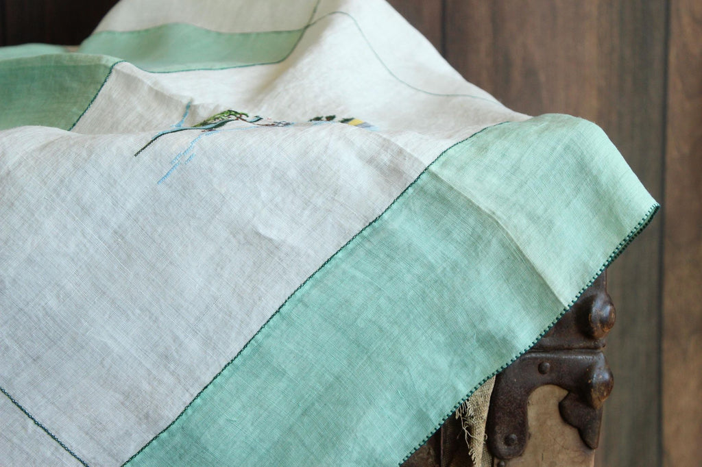 Vintage 1930s Asian Pagoda Embroidered Linen Tablecloth