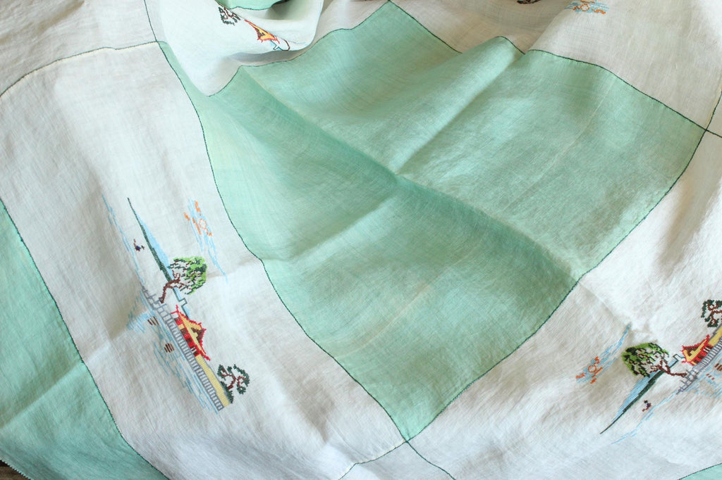 Vintage 1930s Asian Pagoda Embroidered Linen Tablecloth