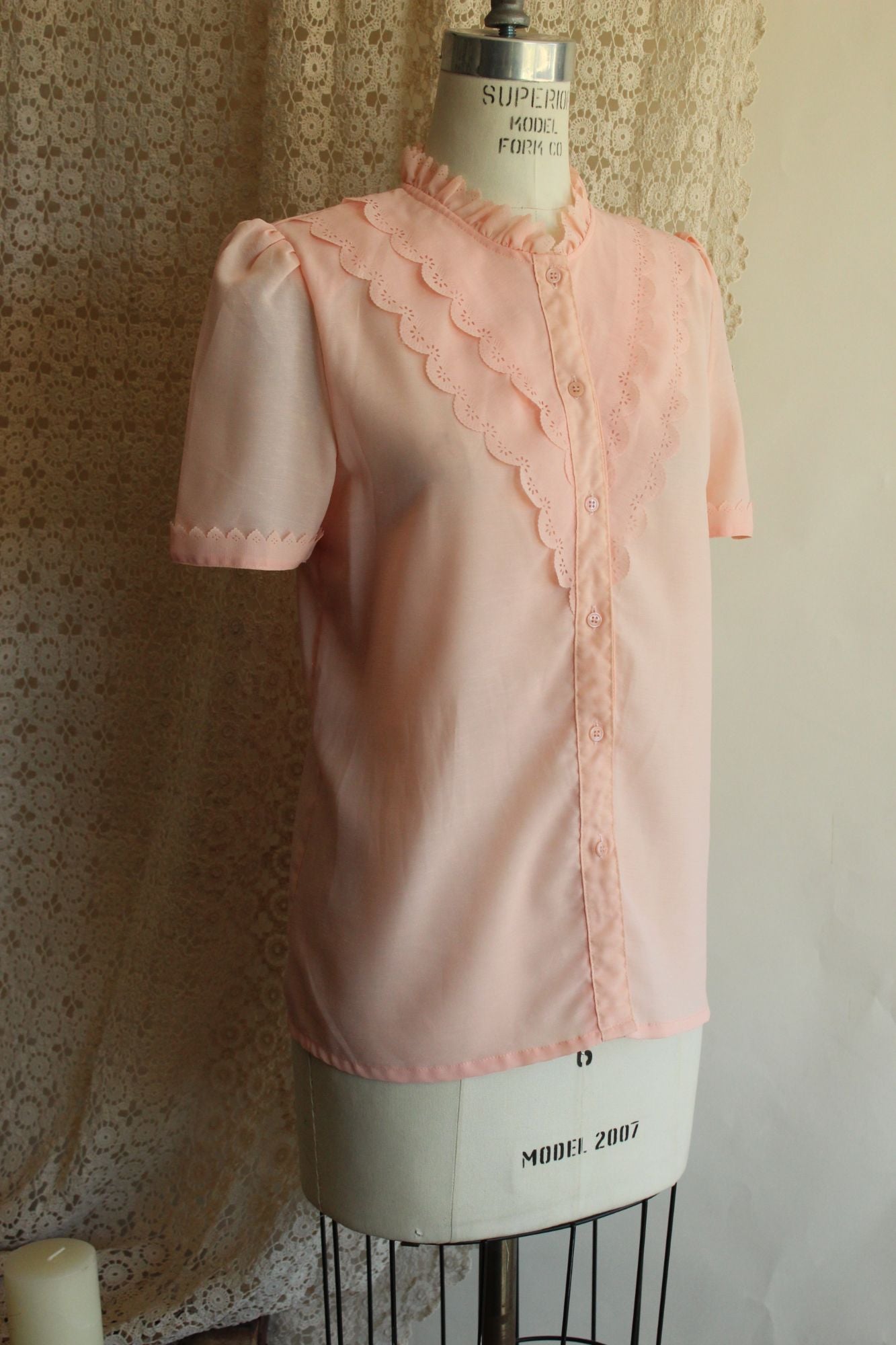 S.T. Fashion Pink Ruffle Blouse, Vintage Inspired, Cottage Core, Size 9