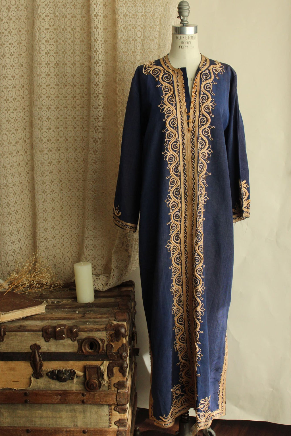 Vintage Moroccan Caftan in Blue and Gold