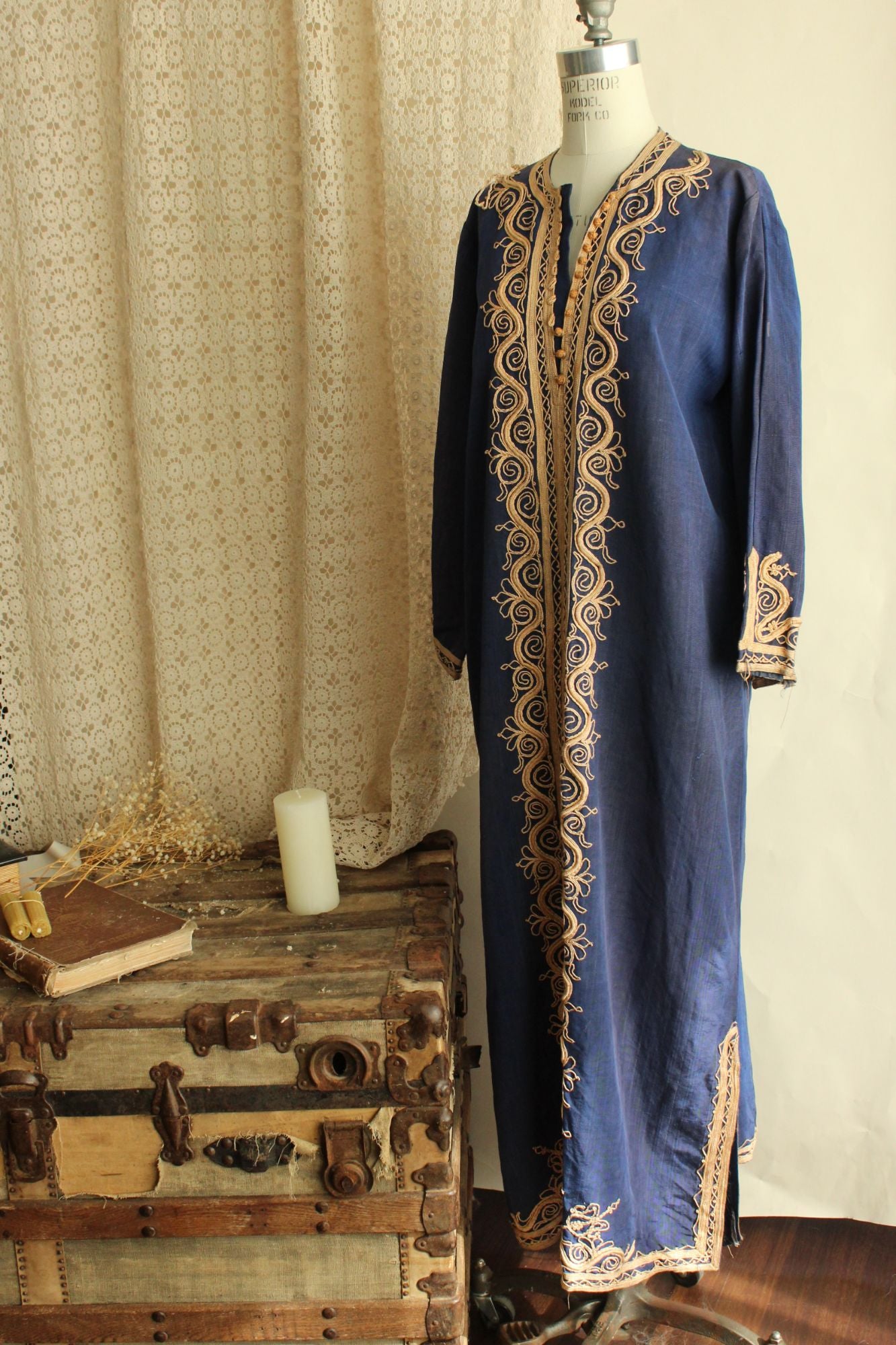 Vintage Moroccan Caftan in Blue and Gold