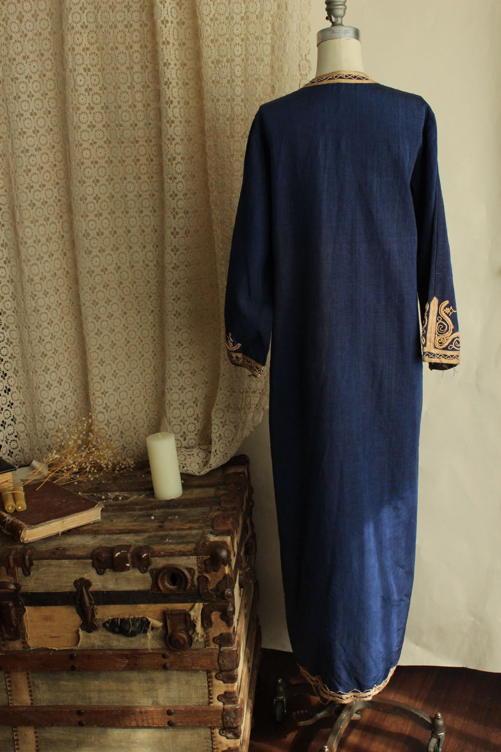 Vintage Moroccan Caftan in Blue and Gold