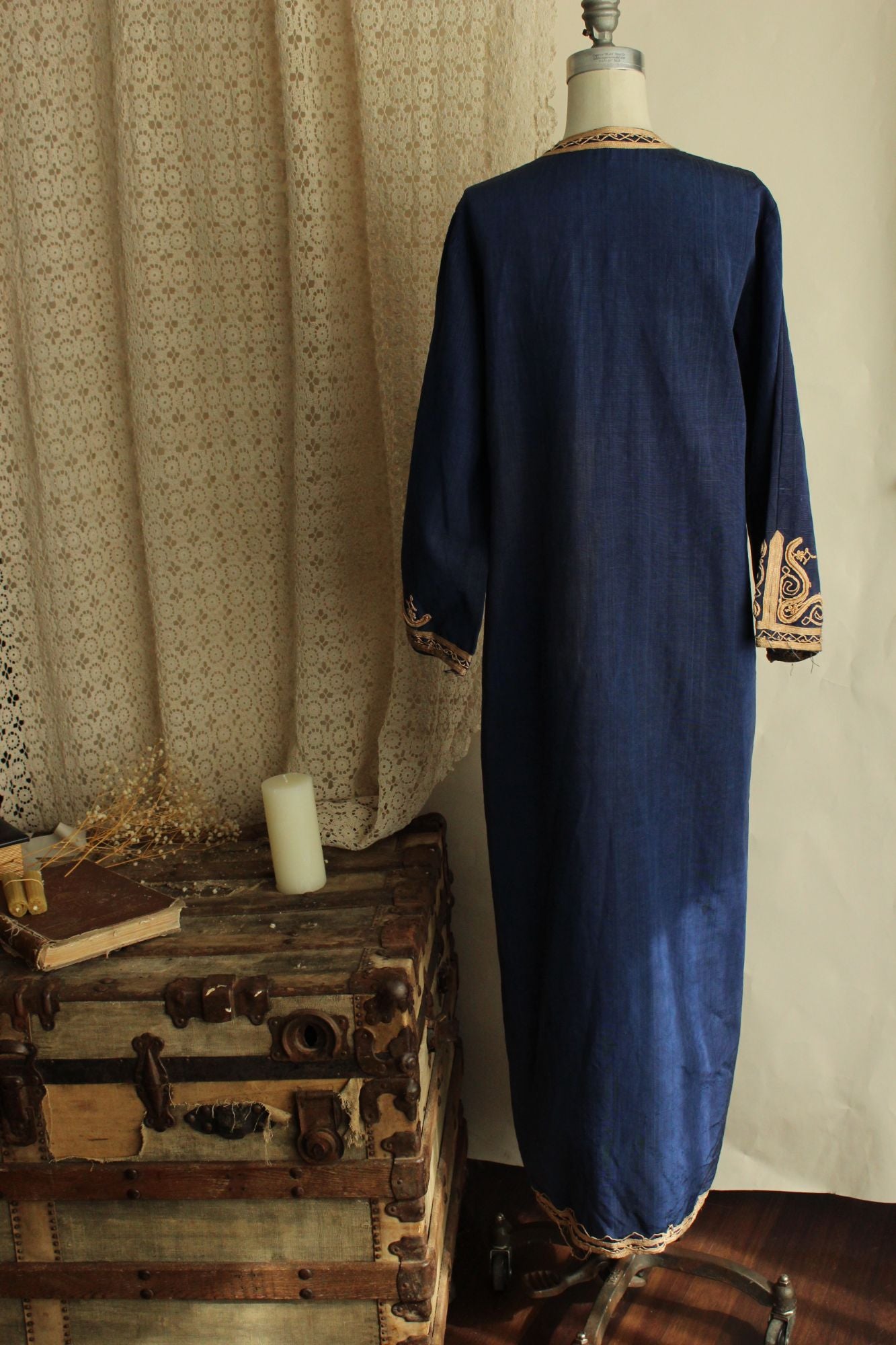Vintage Moroccan Caftan in Blue and Gold