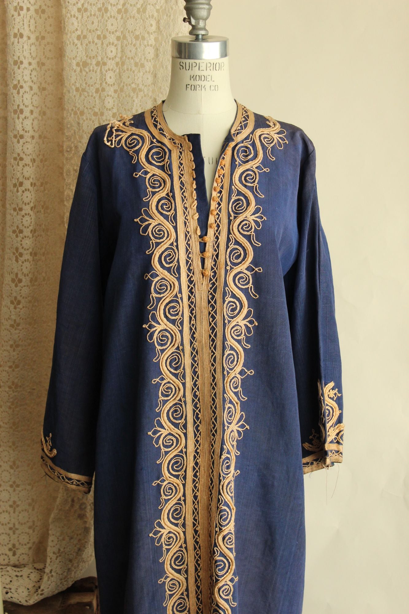 Vintage Moroccan Caftan in Blue and Gold