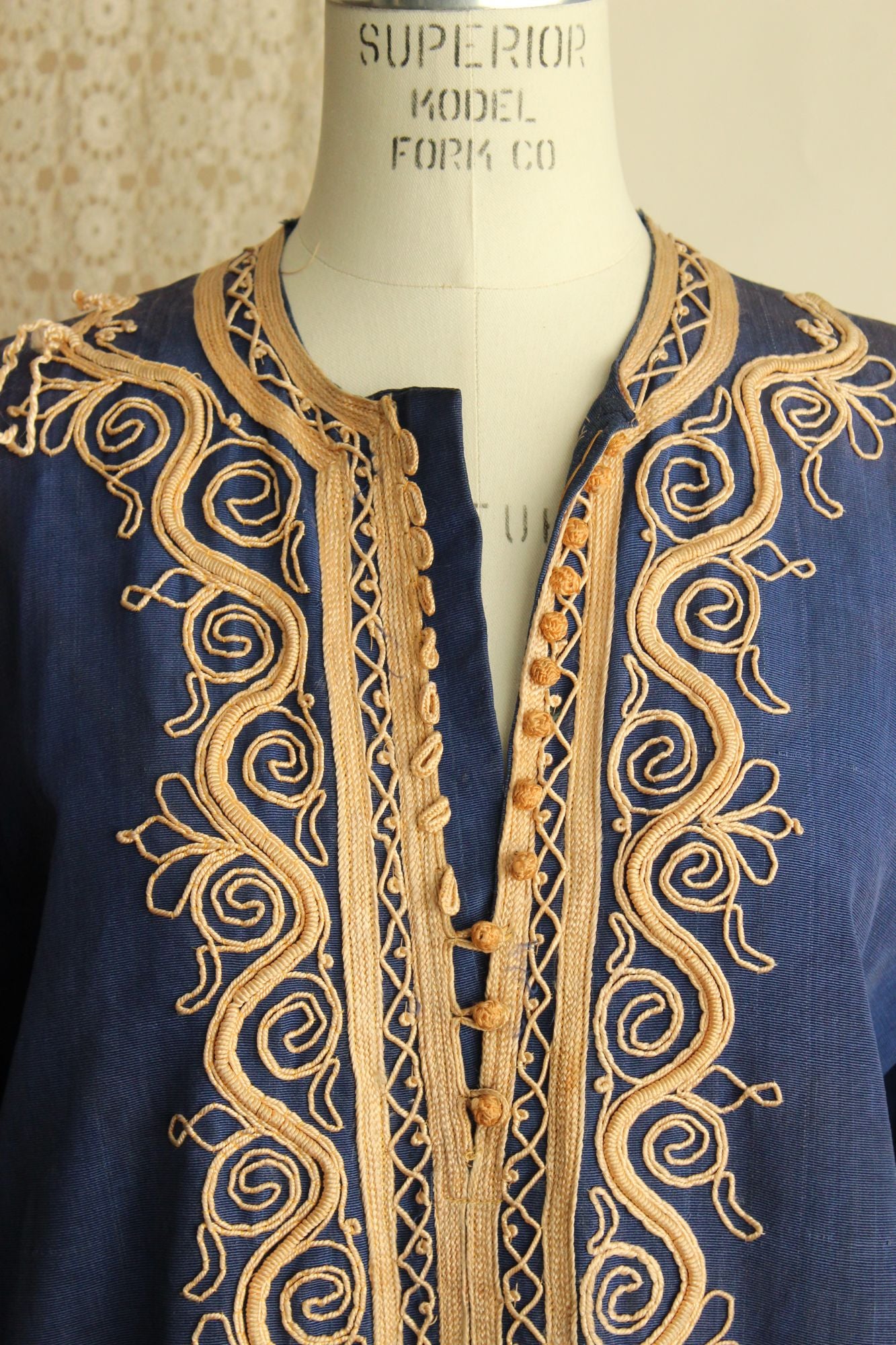 Vintage Moroccan Caftan in Blue and Gold