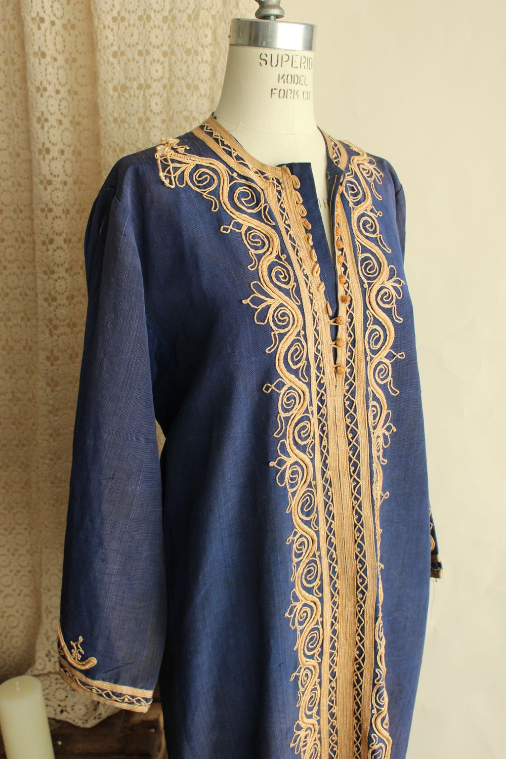 Vintage Moroccan Caftan in Blue and Gold