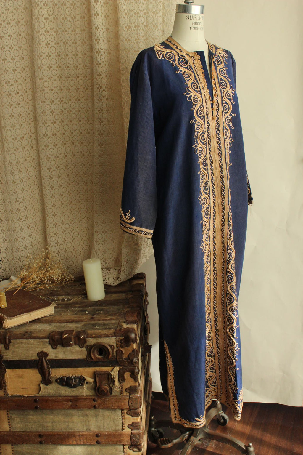 Vintage Moroccan Caftan in Blue and Gold