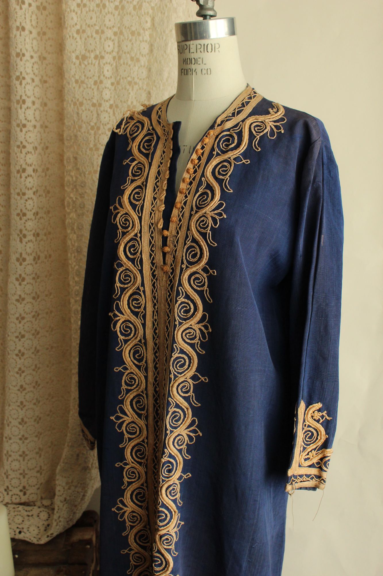 Vintage Moroccan Caftan in Blue and Gold