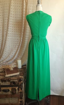 Vintage 1970s Kelly Green Poly Maxidress