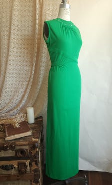 Vintage 1970s Kelly Green Poly Maxidress