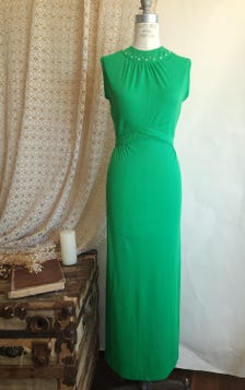 Vintage 1970s Kelly Green Poly Maxidress