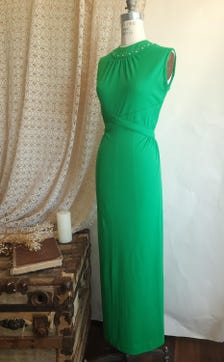 Vintage 1970s Kelly Green Poly Maxidress