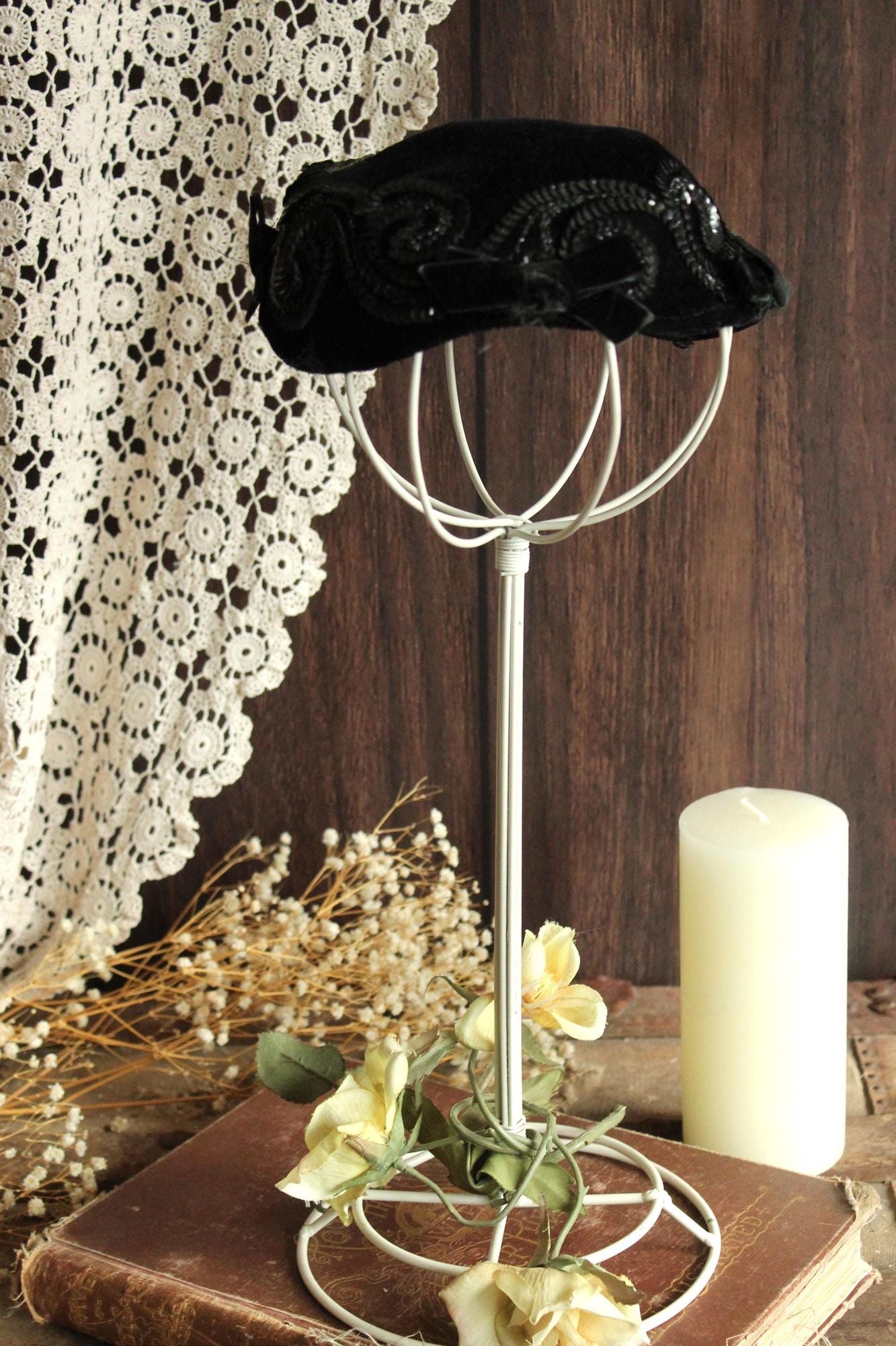 Vintage 1950s Hat, Black Velvet Hat With Bows and Sequins, Millinery