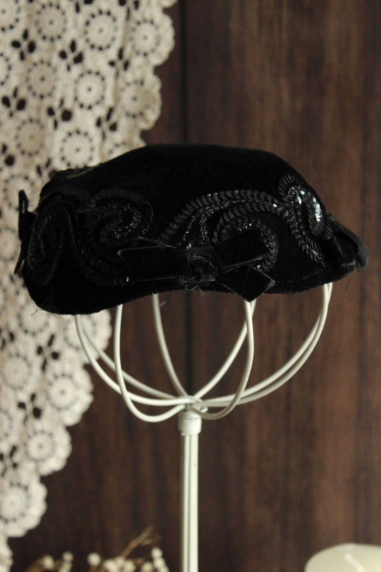 Vintage 1950s Hat, Black Velvet Hat With Bows and Sequins, Millinery