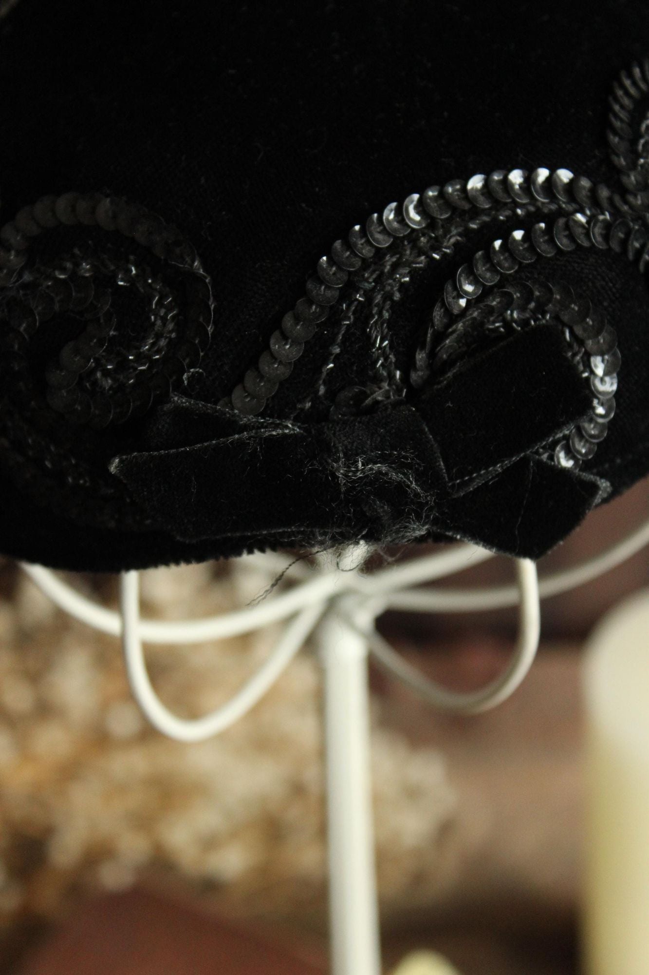 Vintage 1950s Hat, Black Velvet Hat With Bows and Sequins, Millinery
