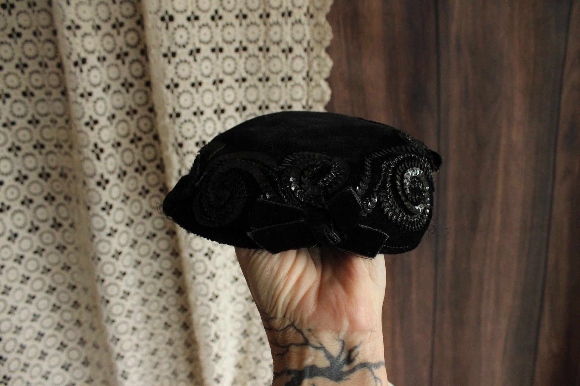 Vintage 1950s Hat, Black Velvet Hat With Bows and Sequins, Millinery