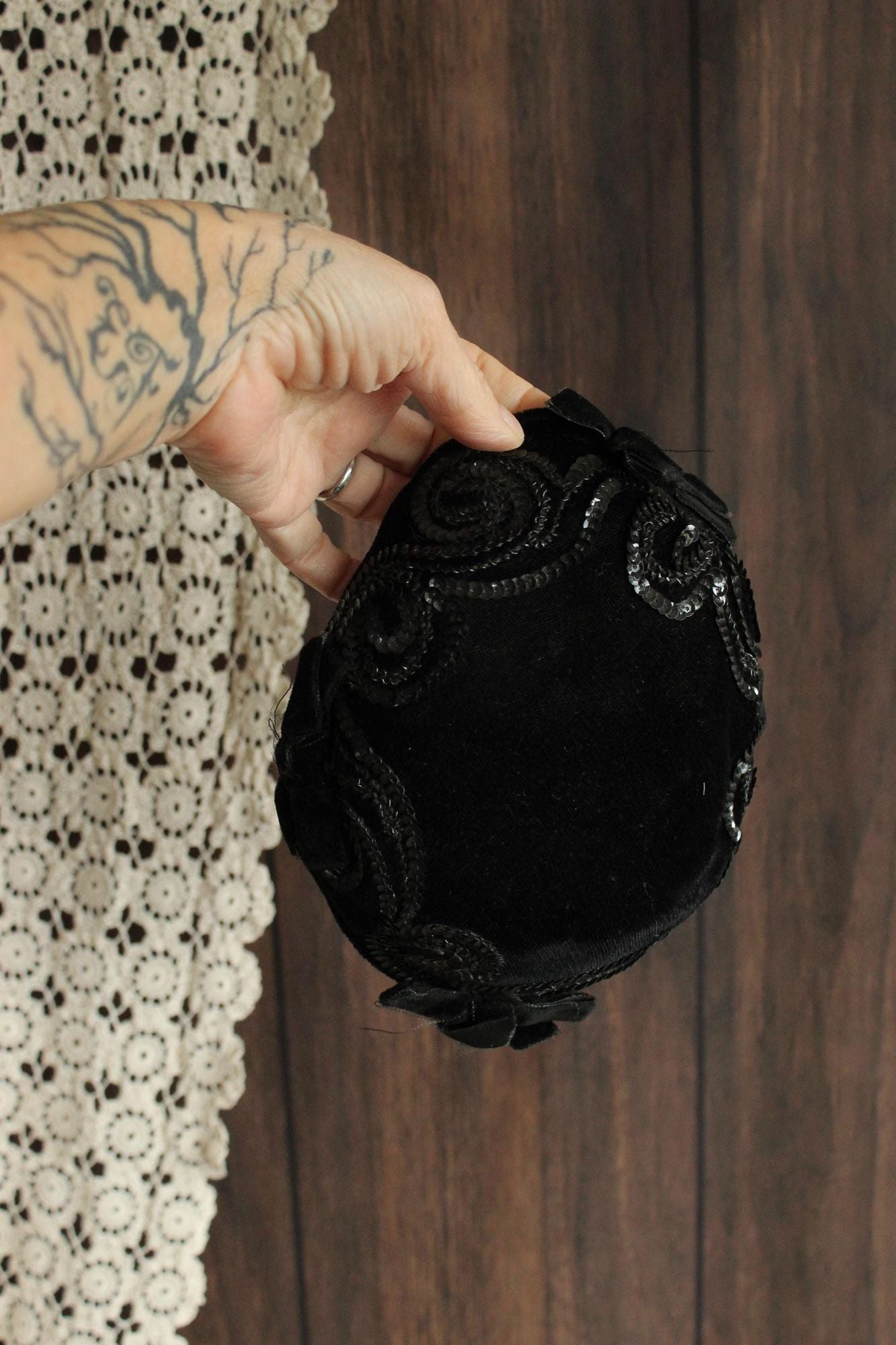 Vintage 1950s Hat, Black Velvet Hat With Bows and Sequins, Millinery