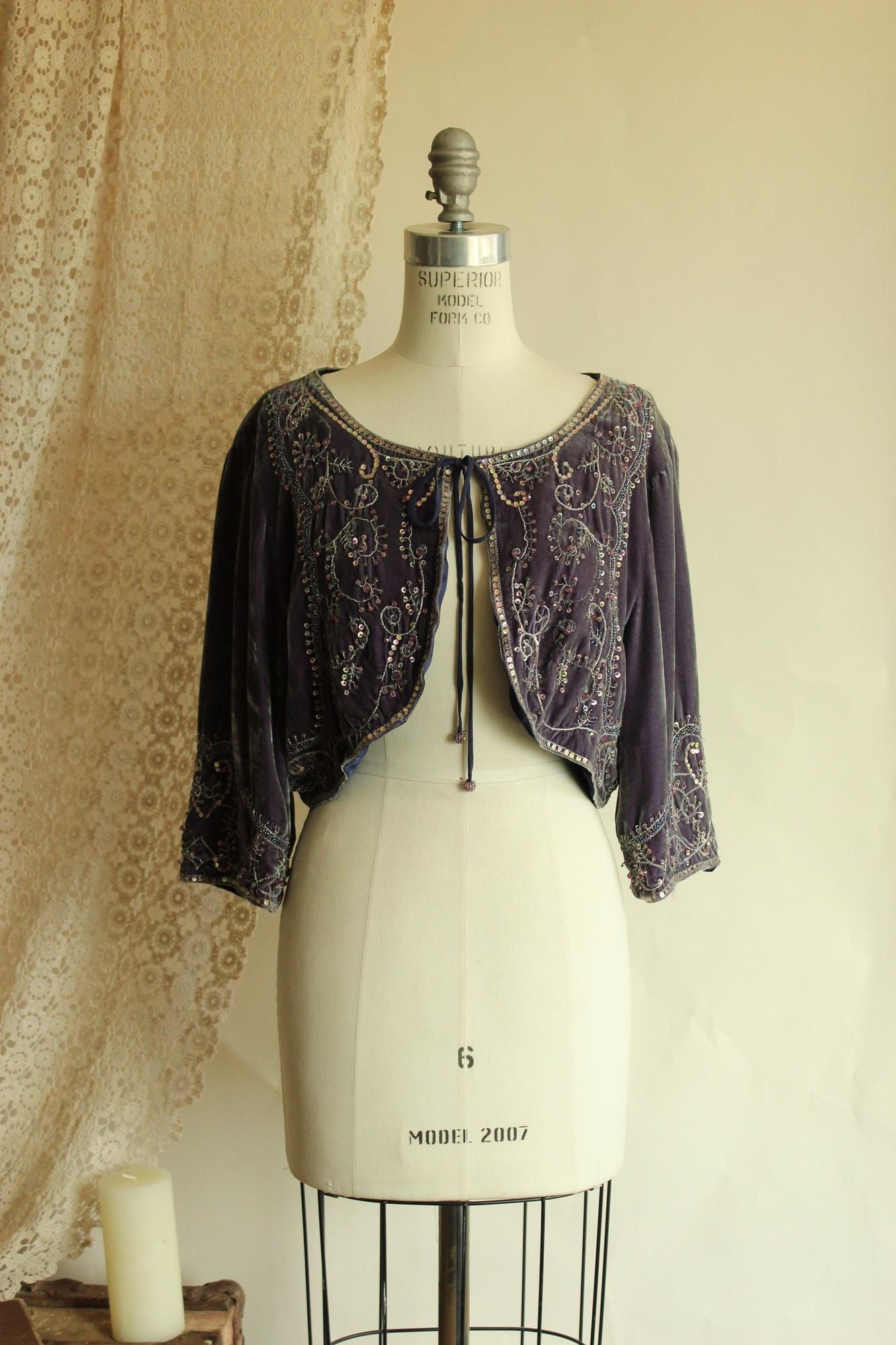 Vintage 1990s 2000s ECI Purple Velvet Bolero Shrug with Beading, Size Large