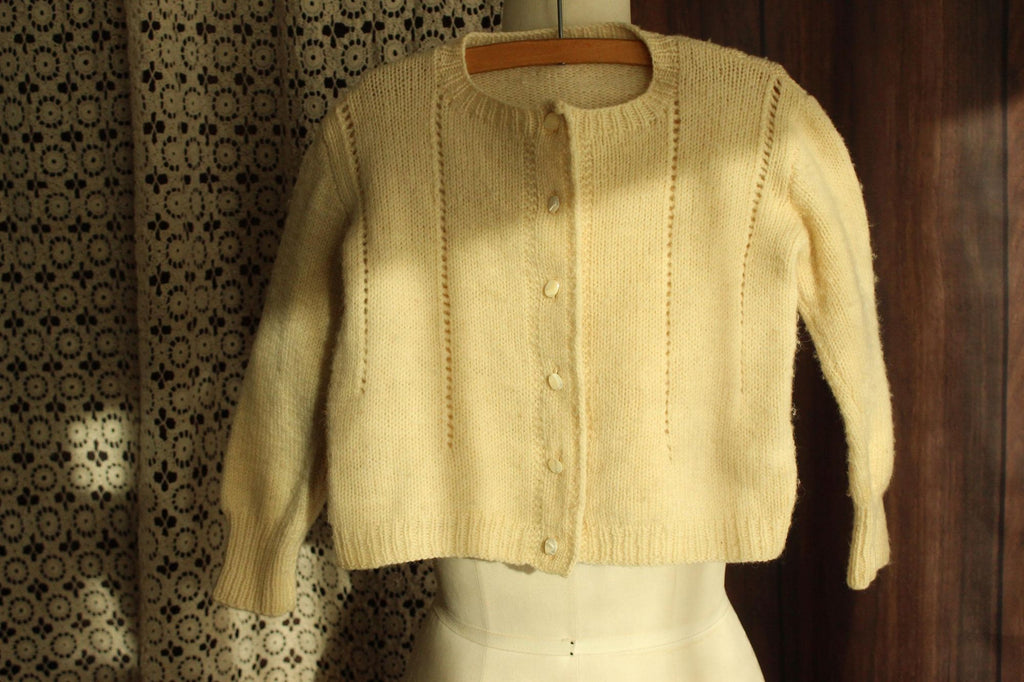 Vintage 1950s Ivory Wool Knit Baby Cardigan