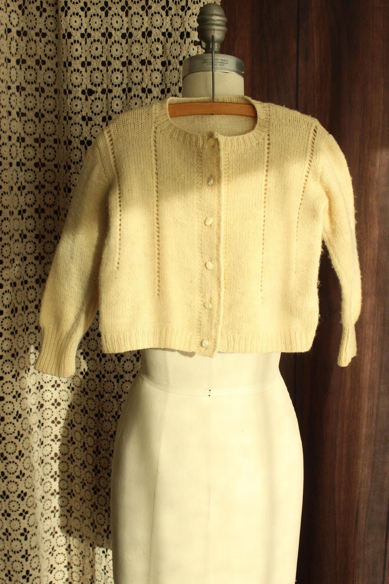Vintage 1950s Ivory Wool Knit Baby Cardigan