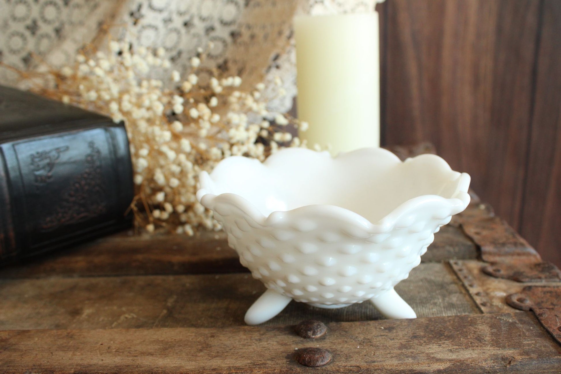 Vintage 1950s Hobnail Milk Glass Bowl
