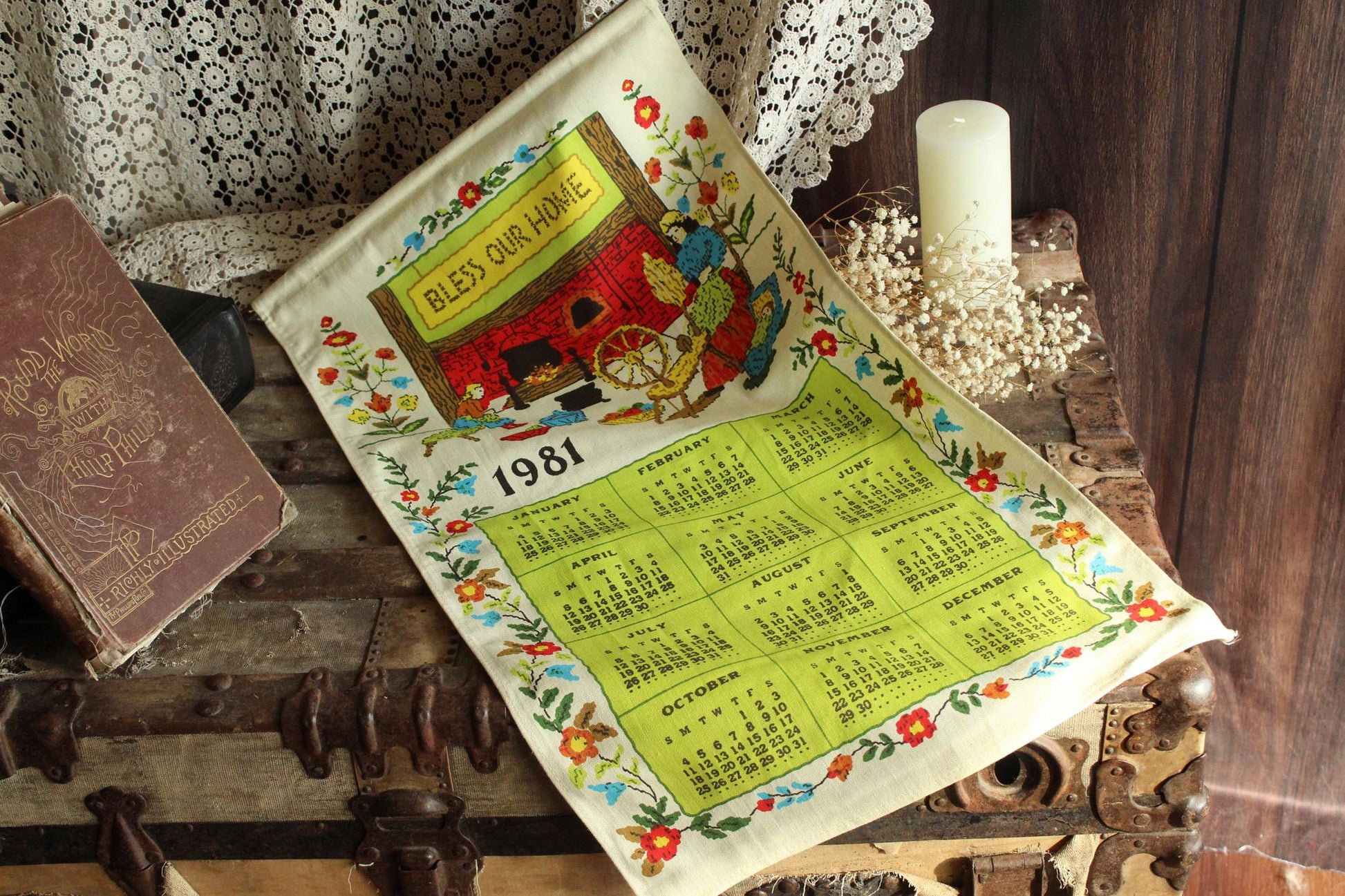 Vintage 1981 Linen Bless Our Home Print Calendar Towel with Hanging Rod