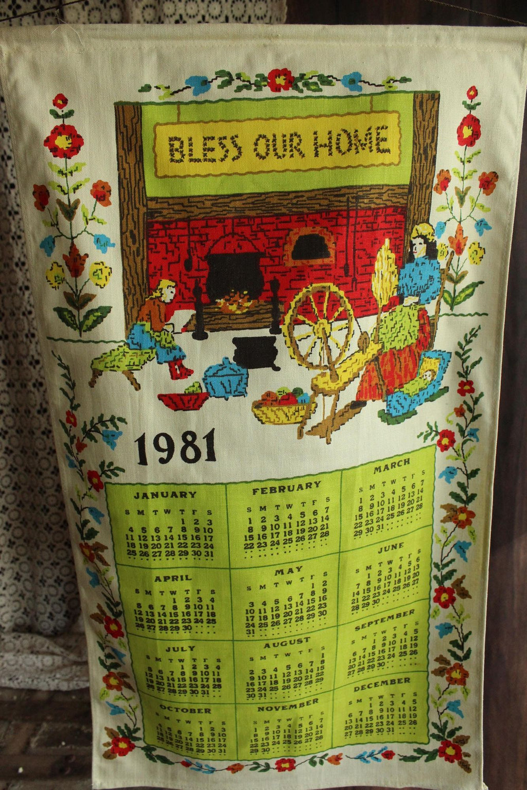 Vintage 1981 Linen Bless Our Home Print Calendar Towel with Hanging Rod