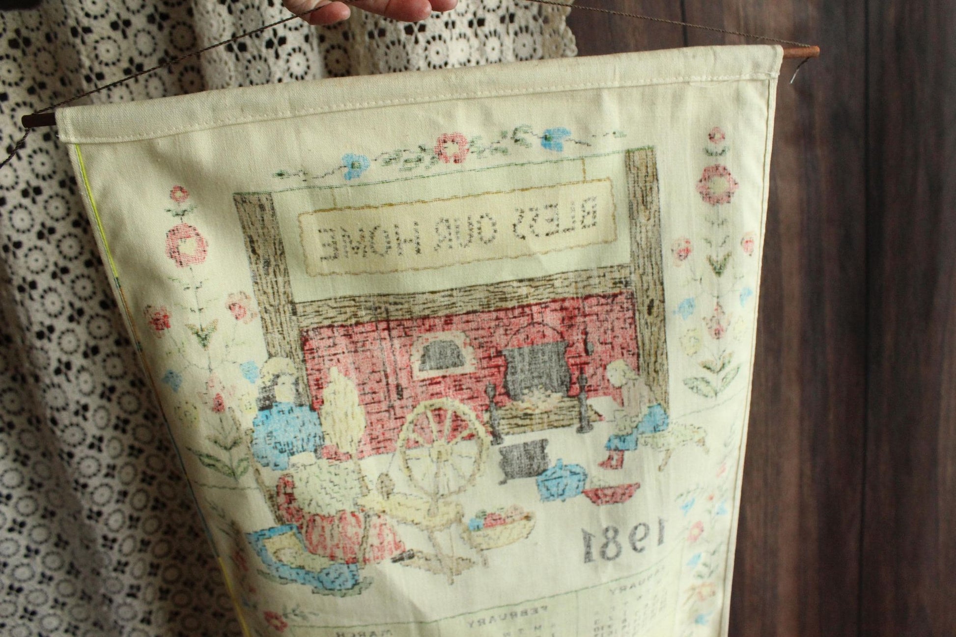 Vintage 1981 Linen Bless Our Home Print Calendar Towel with Hanging Rod