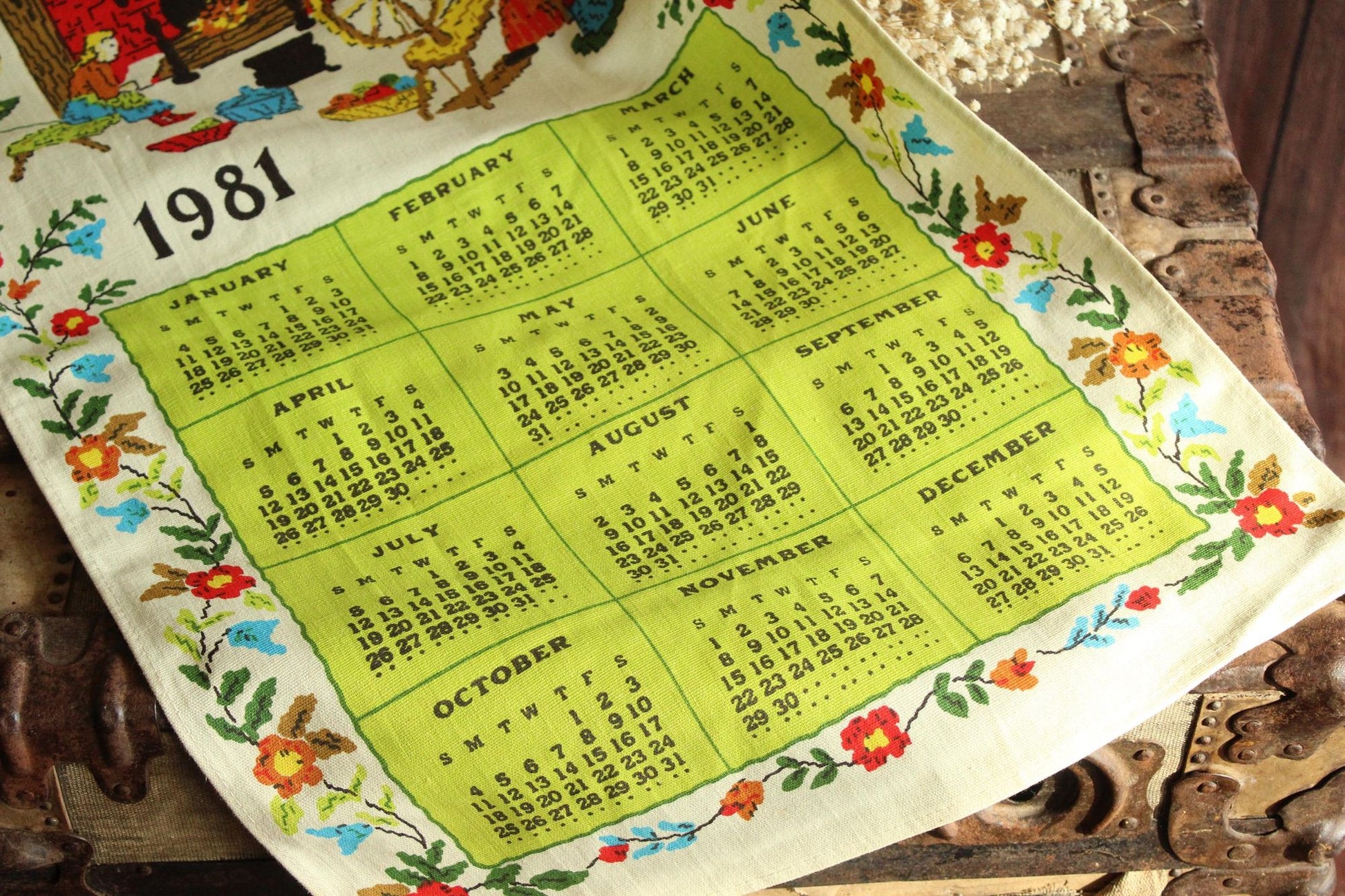 Vintage 1981 Linen Bless Our Home Print Calendar Towel with Hanging Rod