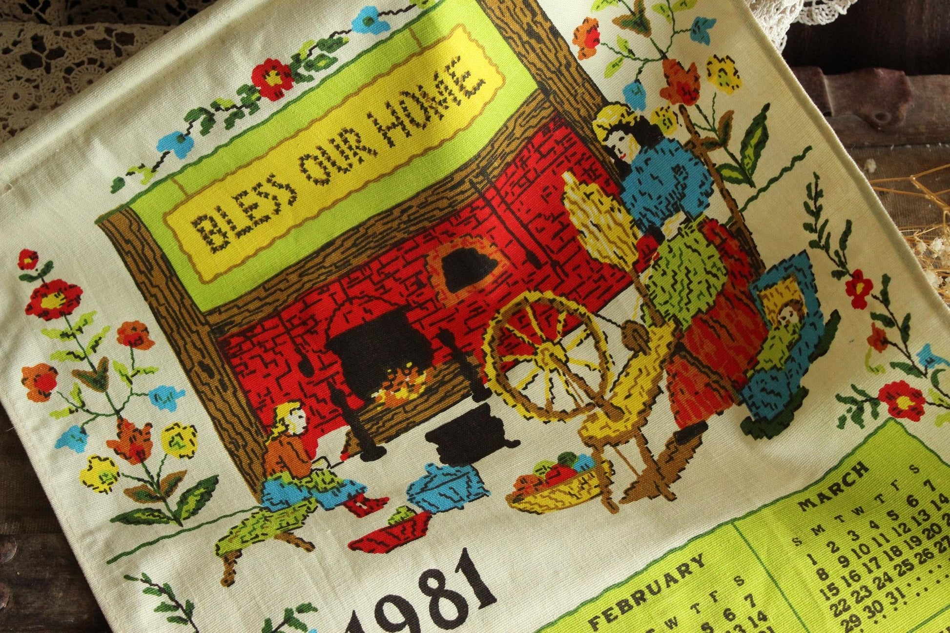 Vintage 1981 Linen Bless Our Home Print Calendar Towel with Hanging Rod