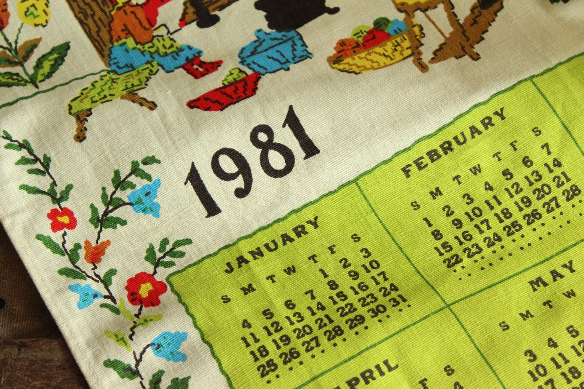 Vintage 1981 Linen Bless Our Home Print Calendar Towel with Hanging Rod