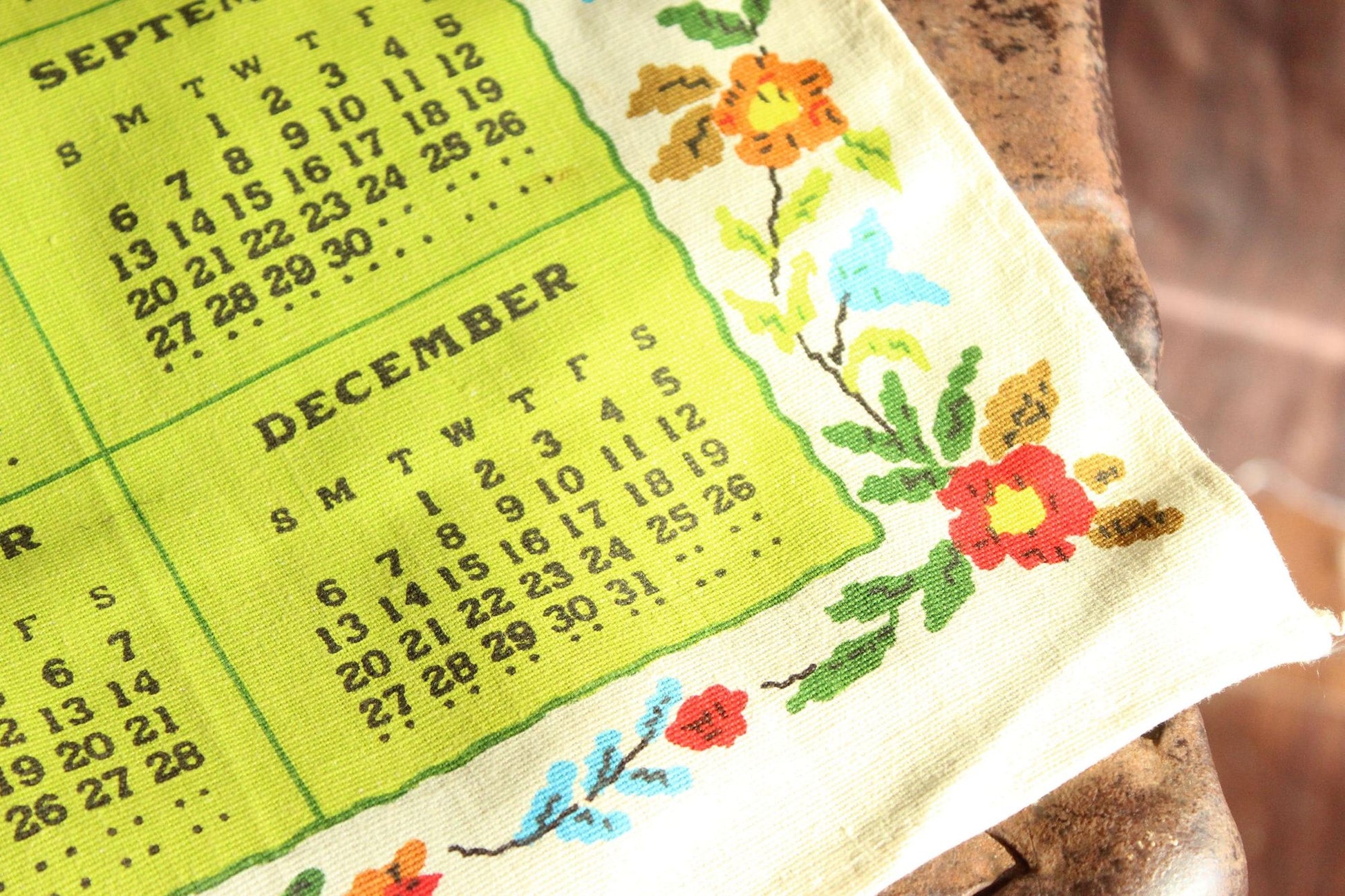Vintage 1981 Linen Bless Our Home Print Calendar Towel with Hanging Rod