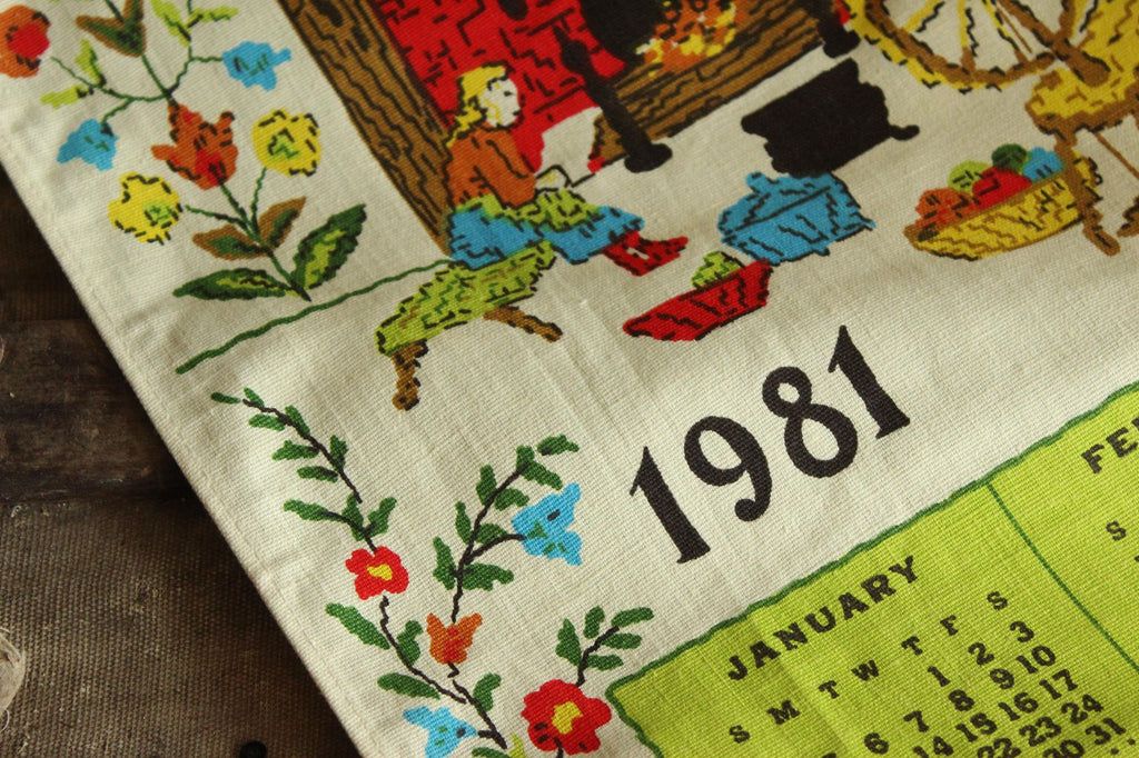 Vintage 1981 Linen Bless Our Home Print Calendar Towel with Hanging Rod