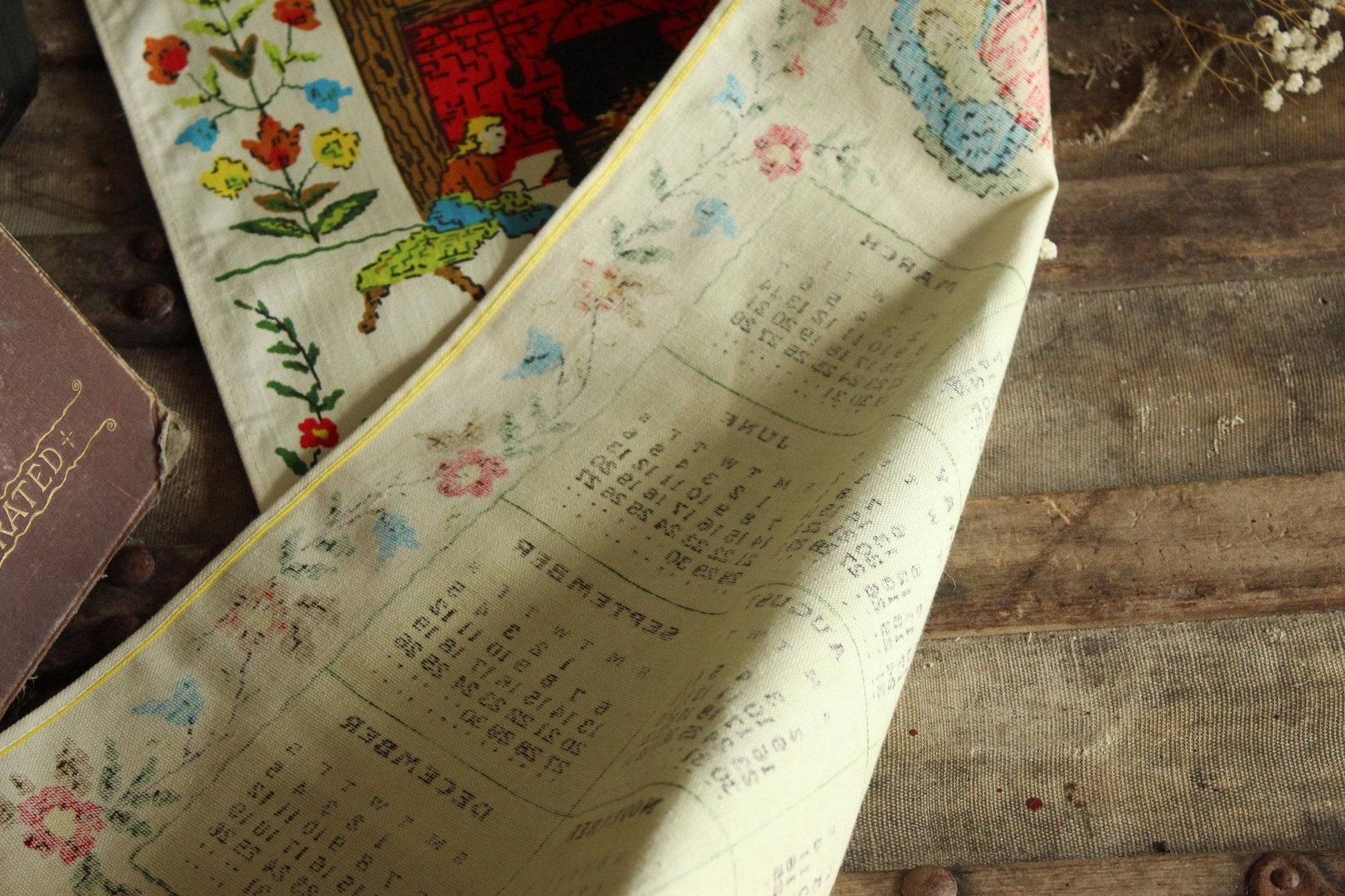 Vintage 1981 Linen Bless Our Home Print Calendar Towel with Hanging Rod